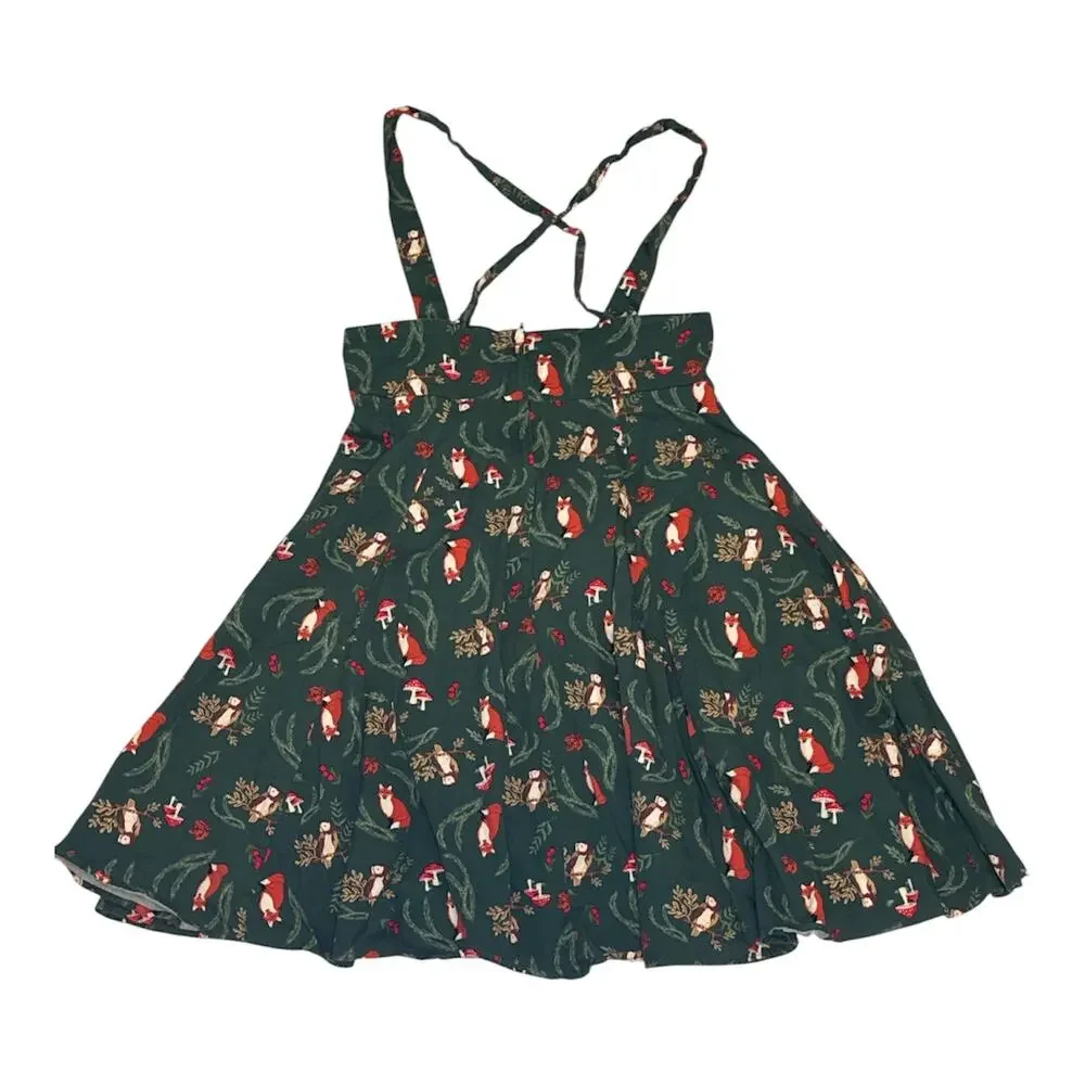 Collectif Vintage Fox Mushroom Overall Dress Sz Large Green Forest Fairy Jumper - Picture 4 of 7